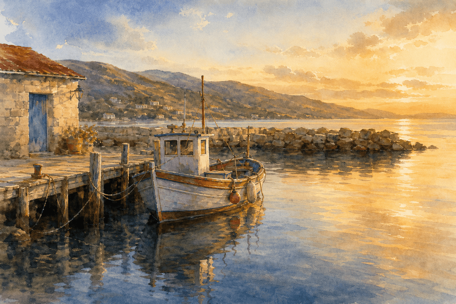 Watercolor painting of a small fishing boat moored at a stone harbor pier in golden evening light, hills behind