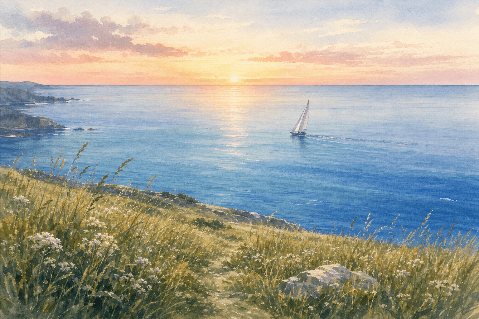 Watercolor painting of a lone sailboat on a calm sea at sunset, seen from a clifftop meadow of wildflowers and tall grass
