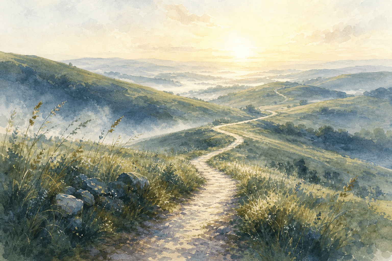 Watercolor painting of a dirt path winding down through green rolling hills toward a misty valley and low sunrise