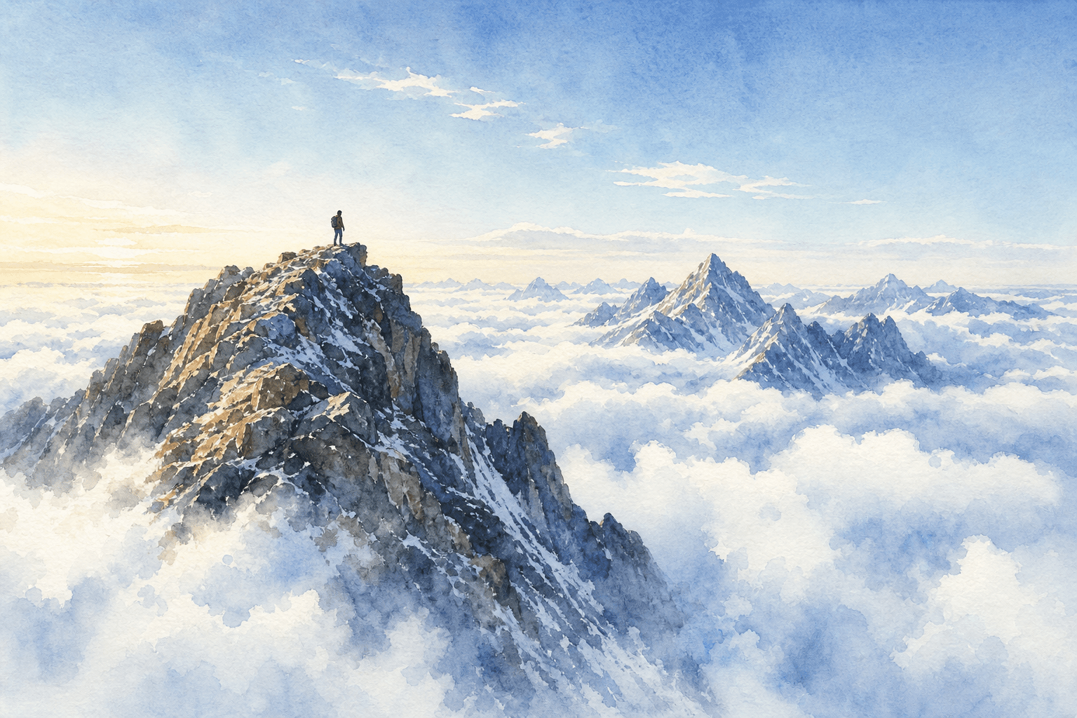 Watercolor painting of a hiker standing on a rocky summit above a sea of clouds, distant snow-capped peaks breaking through